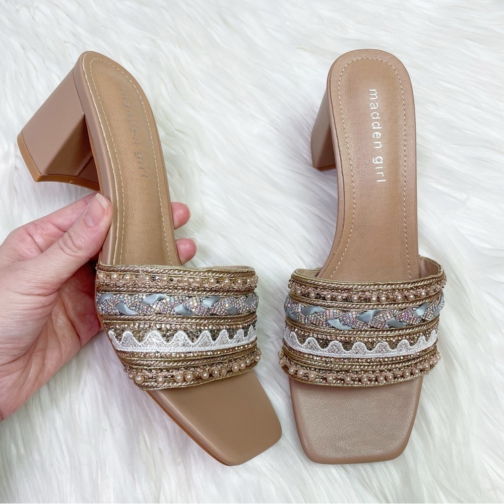 New Steve Madden Madden Girl Norra Heeled Slide Sandal Nude Metallic Pearl 7.5